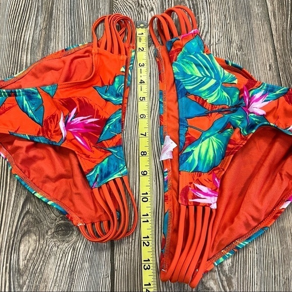 XHILARATION Red Tropical Print Bikini Bottom Blue Green Leaves Strappy Sides - Picture 7 of 8